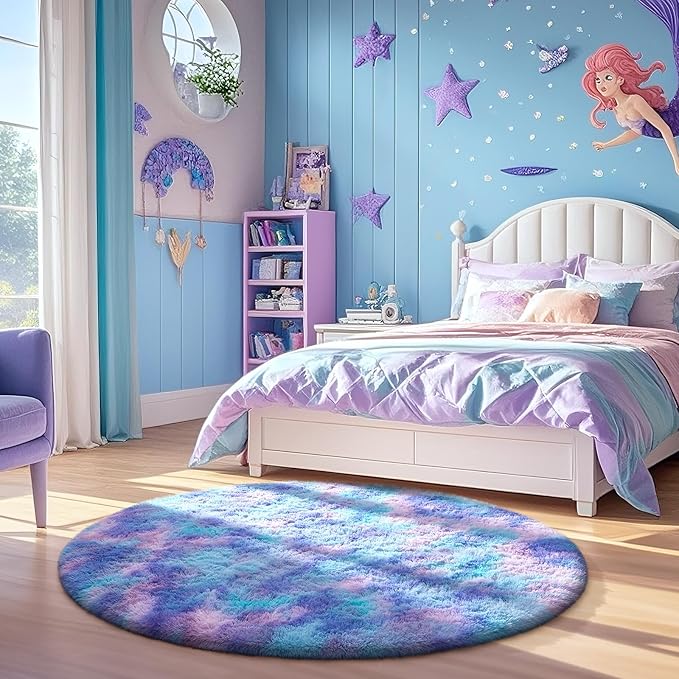 Ophanie Round Rug 4Ft Tie-Dye Rainbow Purple Circle Area Rug, Fluffy Fuzzy - Image 5