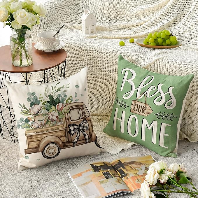AVOIN colorlife Bless Our Home Farmhouse Eucalyptus Leaves Throw Pillow Covers - Image 4