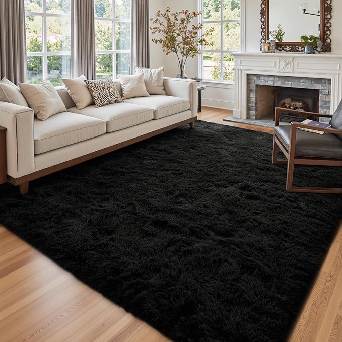 9x12 Ft Large Shag Black Rug for Living Room, Ultra Soft Fluffy Furry Area Rugs by Cuzwlovita