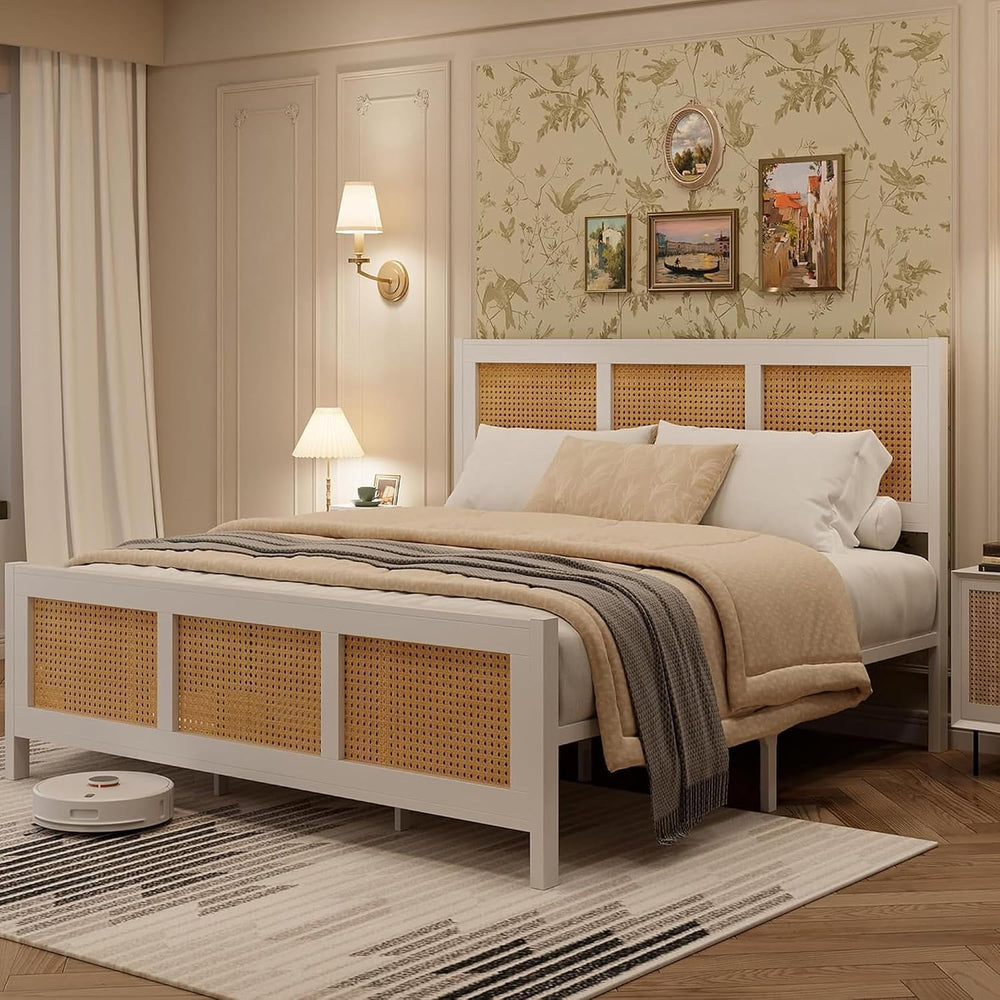 Garvee Rattan Bed Frame with Headboard, Bohe Platform Full Size Bed Frame wit...
