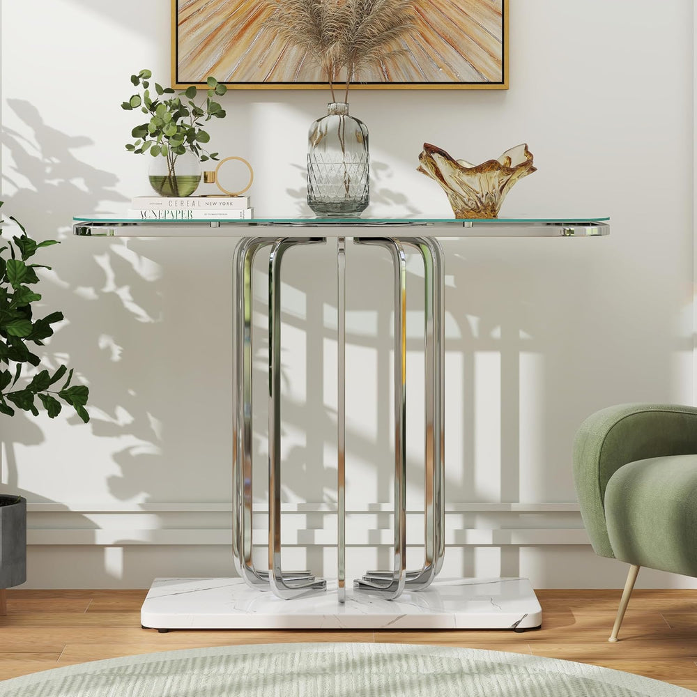 O&K FURNITURE 43" Modern Glass Console Table with Curved Chrome Fram...