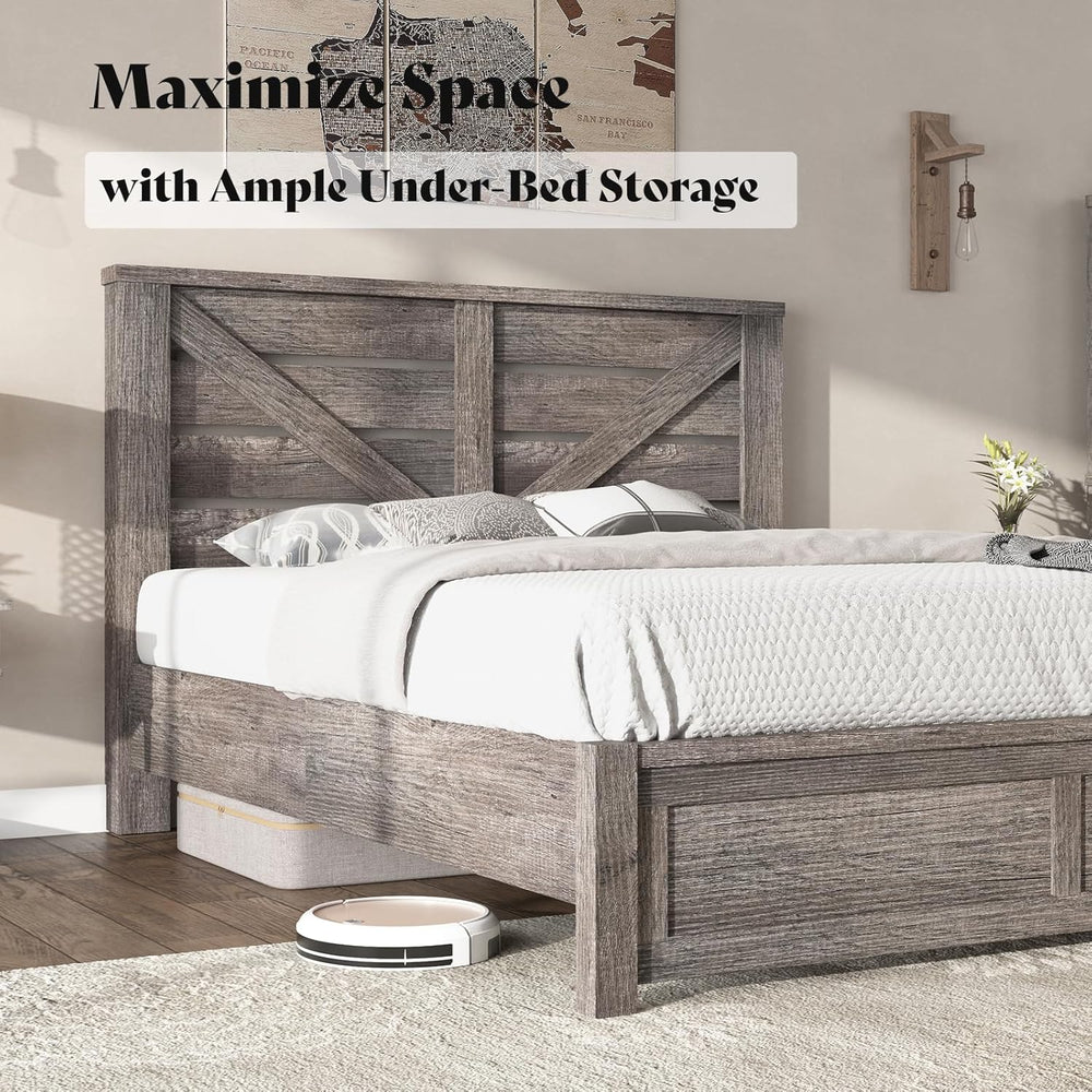 AMERLIFE Farmhouse Full Size Bed Frame with 49.2" Barn Door Headboard, Gray
