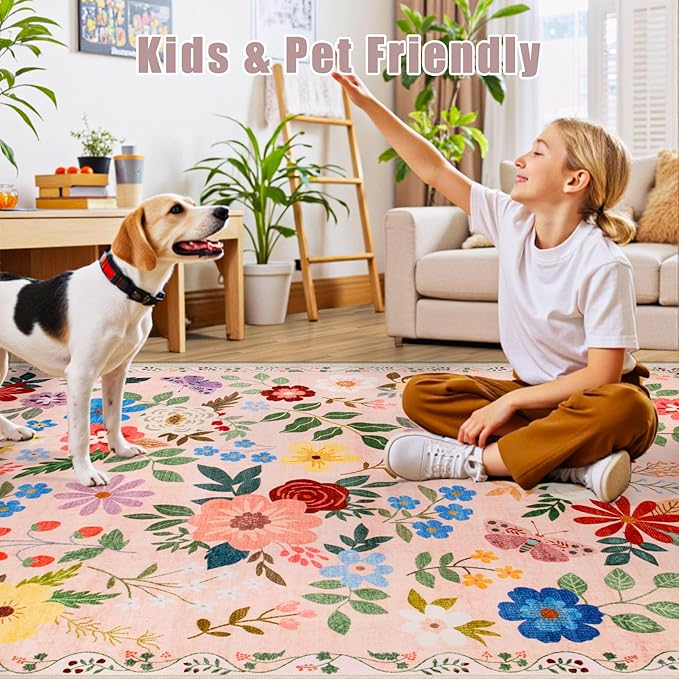 Area Rug Living Room Rugs: Floral 5x7 Washable Rug Vintage Soft Boho Non-Slip - Image 8