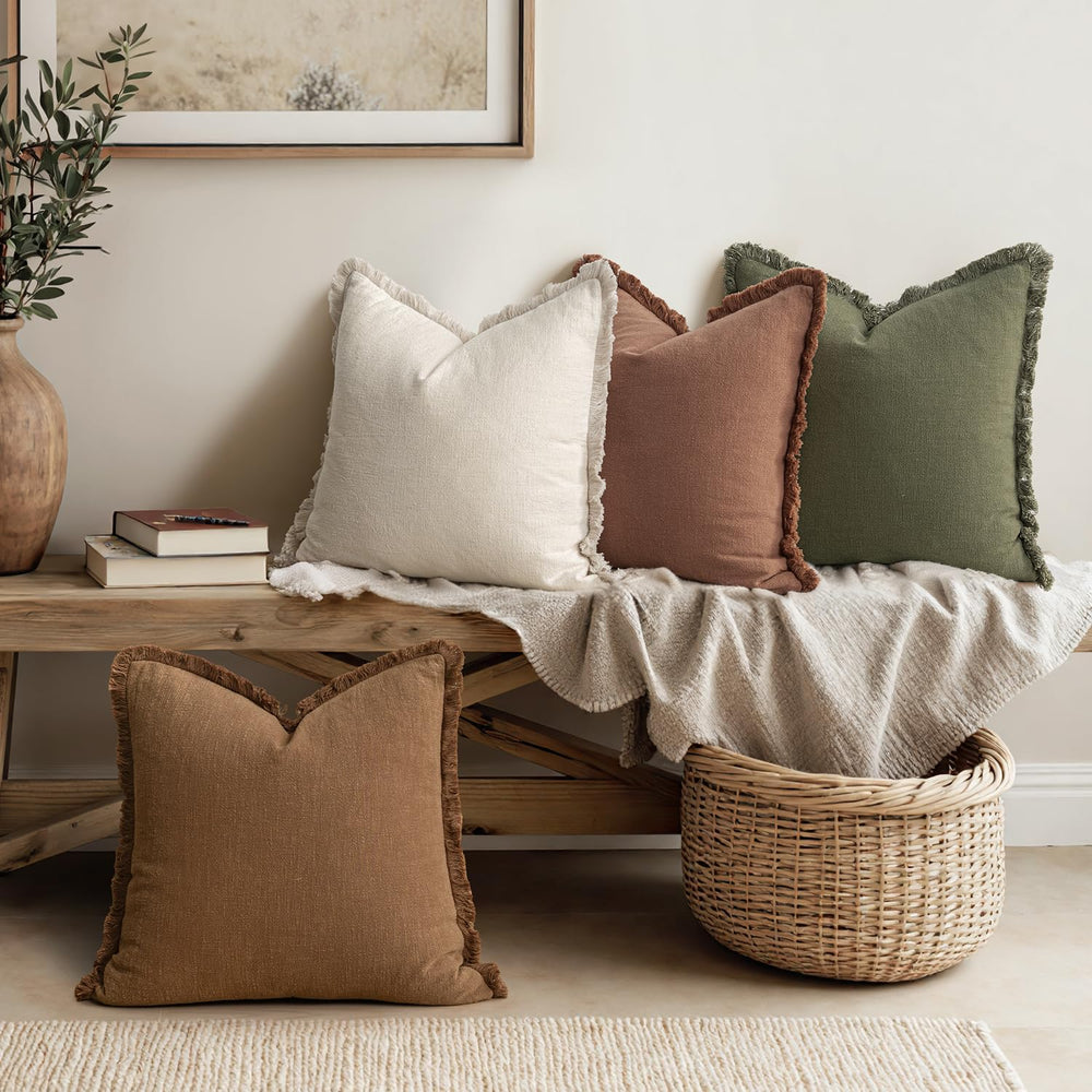MIULEE Decorative Linen Fringe Throw Pillow Covers 18x18 Beige/Brown/Green