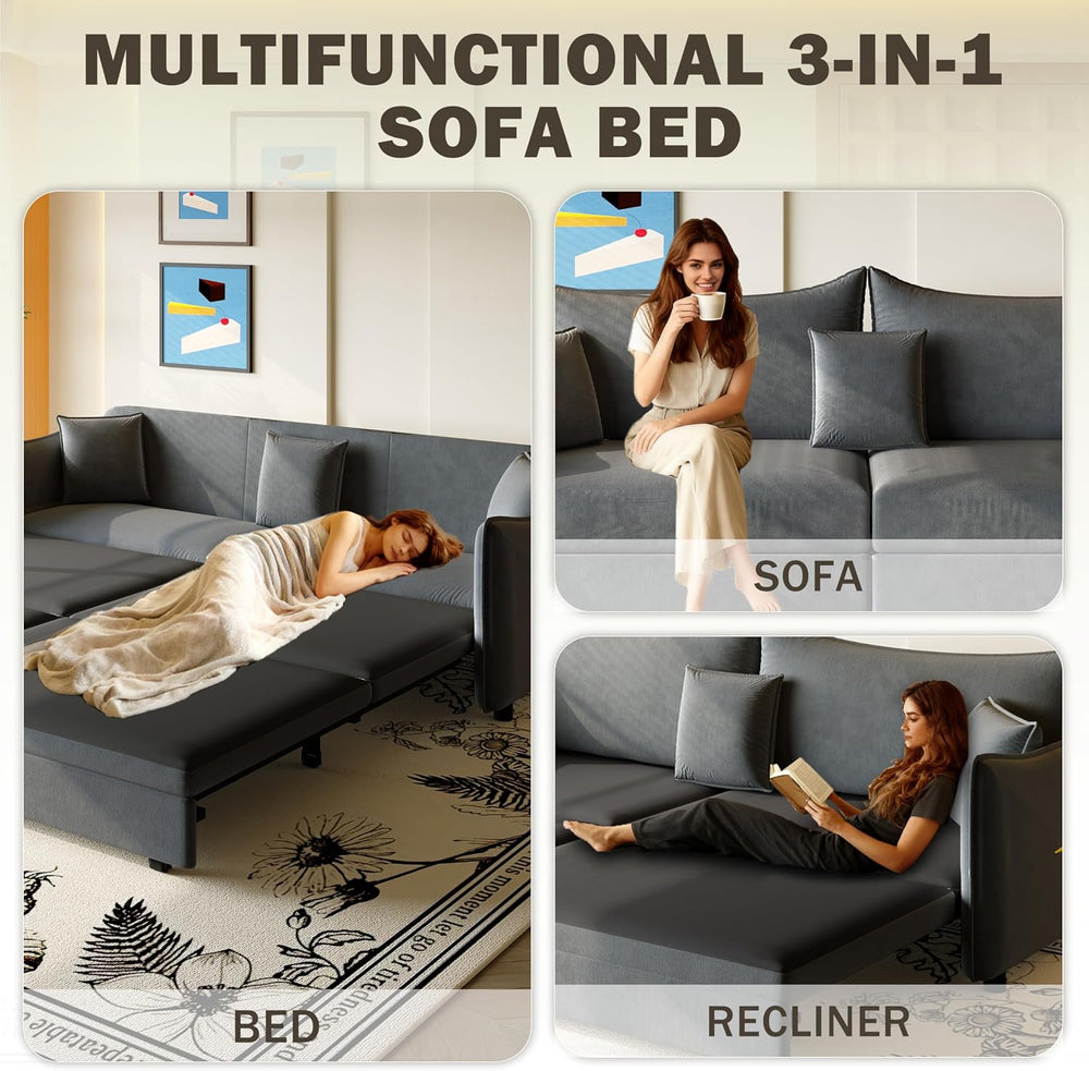 81.9" 3-in-1 Convertible Sofa Bed, Modern Velvet Sleeper Couch with Rein...