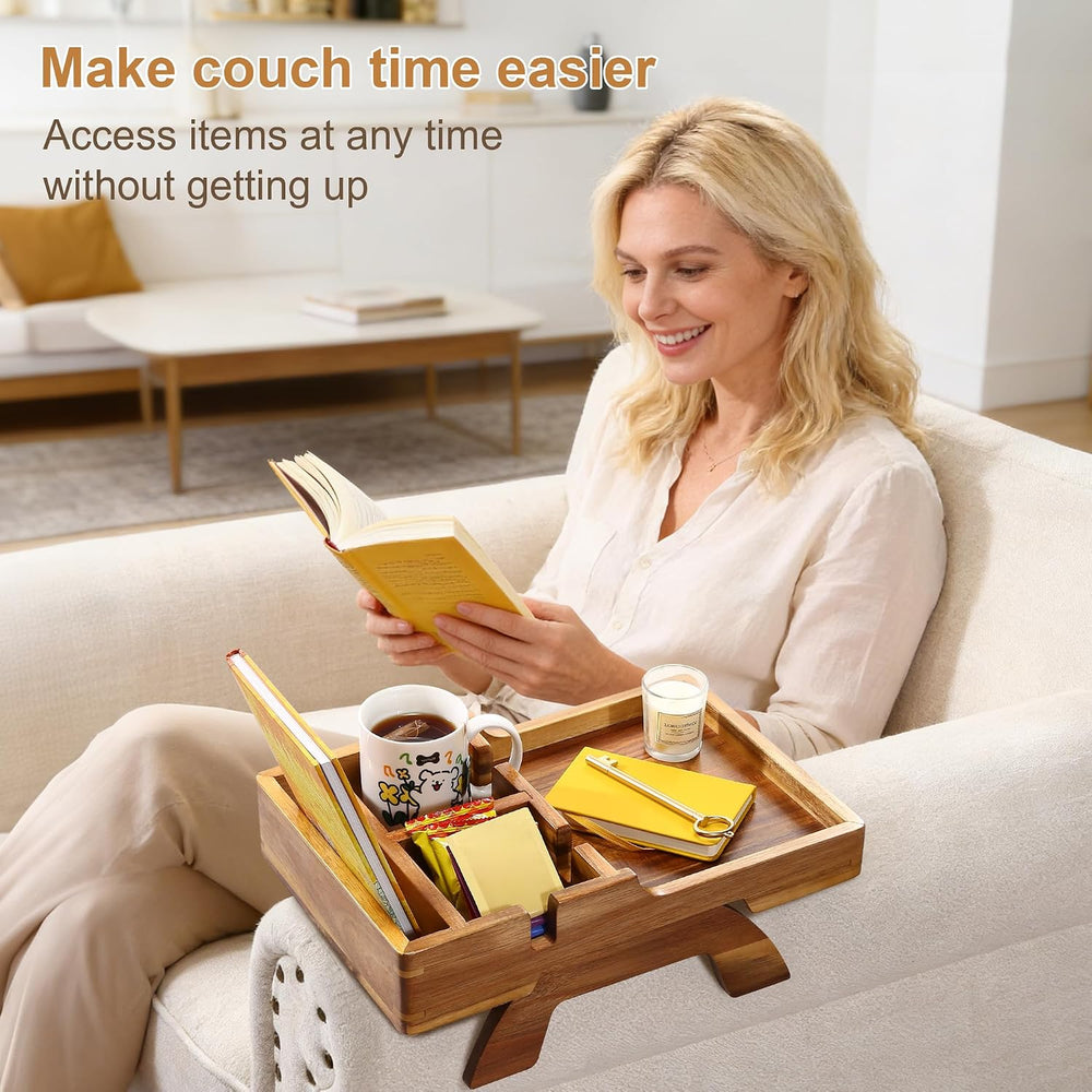 Couch Armrest Table, Acacia Wood Sofa Arm Table with 2 Cup Holders, 15.4&quot...