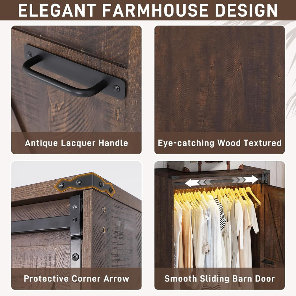2 Doors Armoire Wardrobe Closet w/ Folding Sliding Barn Door,Brown