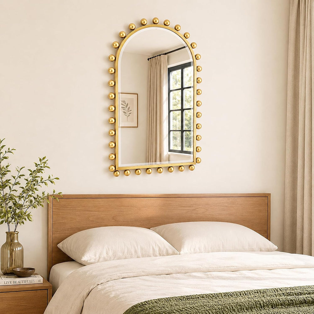 24x36 Inch Arched Wall Mirror, Antique Gold Beaded Beveled Glass