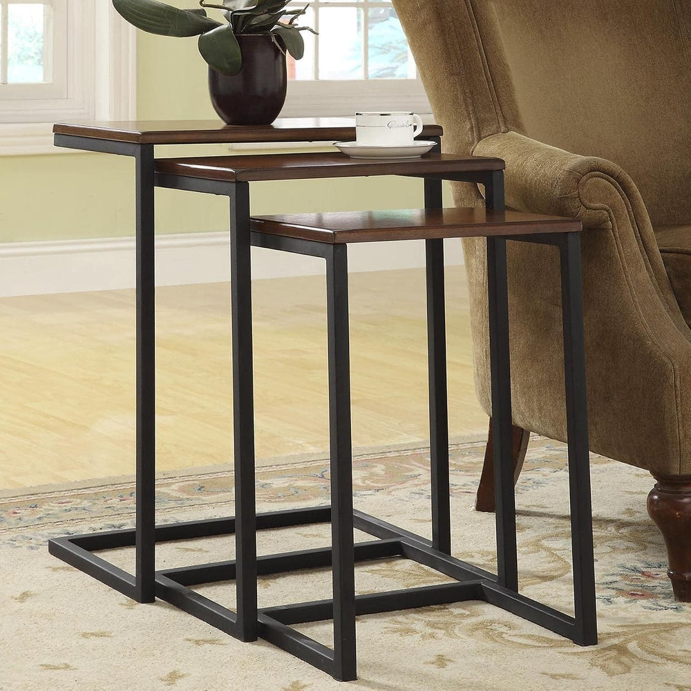 Pemberly Row Contemporary Nesting Table Set, Chestnut Wood Top and Black Meta...