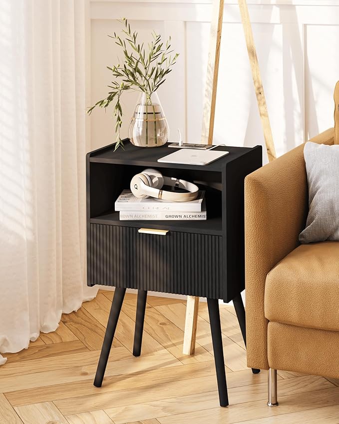 Black Nightstand with Outlet,Modern Bedside Table with Storage Drawer and Ope...