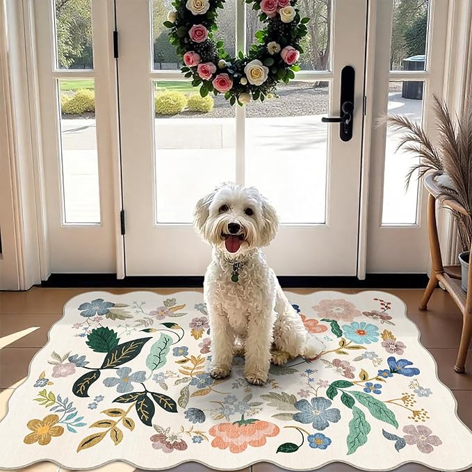 Washable 2x3 Entryway Scalloped Rug: Floral Thin Door Mat Non Slip Water by HYHAOYUNLAI
