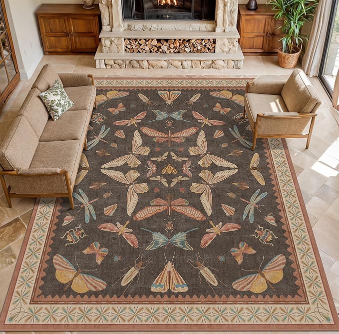 Brown Large 8x10 Living Room Area Rug, Unique Washable Insect Rugs - Image 3