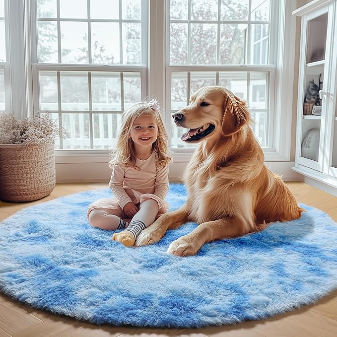 ONASAR Tie-Dye Blue Round Area Rug 4ft, Soft Bedroom Circle Rugs Floor Mats - Image 9