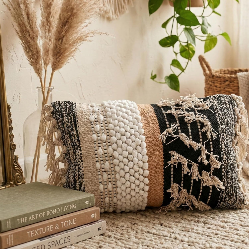 Boho Lumbar Pillow Cover 12x20, Handwoven Textured Cotton Throw Pillow Cover ...