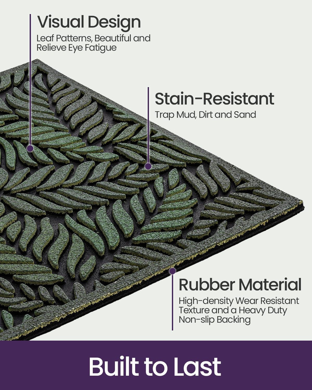 DEXI Front Door Mat Outside Entrance 17x30 Rubber Entry Doormat Green Leave | Heavy Duty Non Slip, Welcome Entryway Mats Dirt Trapping for Exterior Patio Garage, Leaves Design