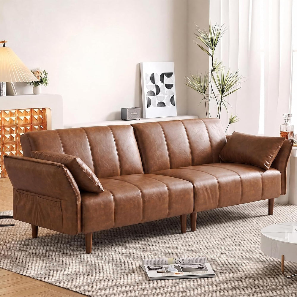 83" Mid Century Modern Futon Sofa Bed, Brown Faux Leather Couch