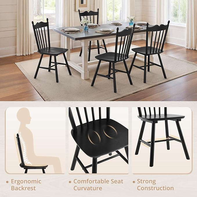 LUE BONA Black Dining Chairs Set of 6, Windsor Wooden Dining Chair with Thick...