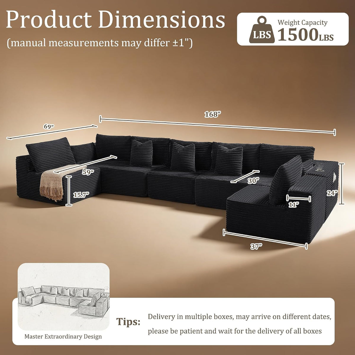 168" Cloud Sectional Couch, Comfort U Shaped Sofa for Living Room, Extra Deep Seats No Assembly, Minimalist Modular Couch, Corduroy (Black, 7 Seats,U-Shape B)