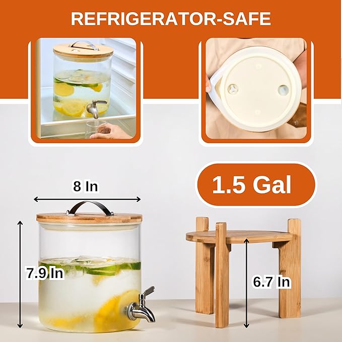 Glass Beverage Dispenser with Bamboo Stand 6.7 In and Lid, Iced 1.5 Gallon - Image 2