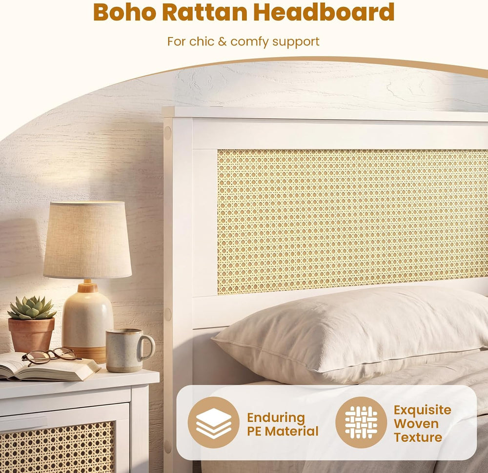 KOMFOTT Twin Rattan Bed Frame with 2 Storage Drawers, Boho Wooden Platform Be...