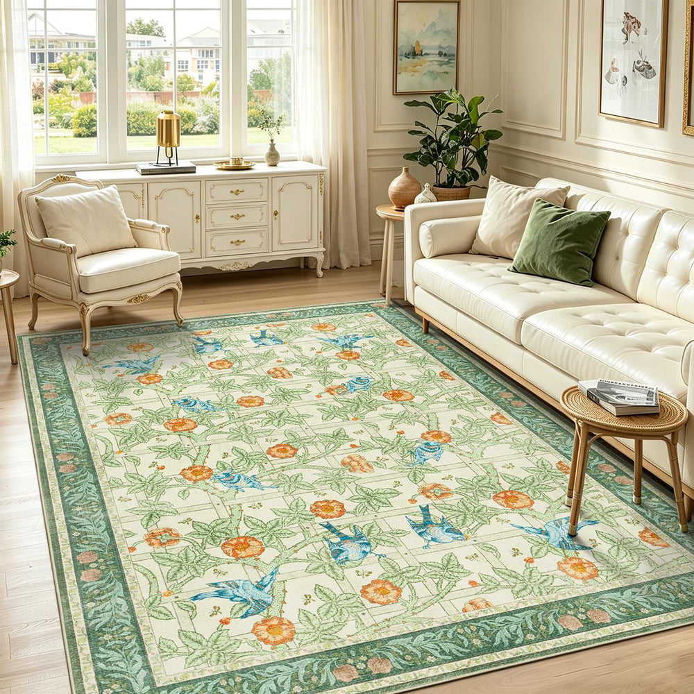 5x7 Area Rug for Living Room, Green Floral Boho Washable Rugs for Bedroom