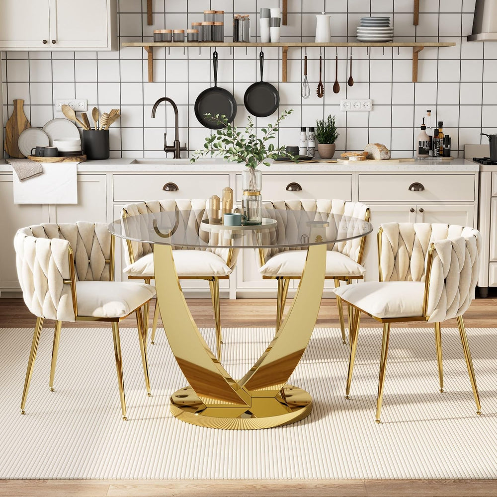 38.9" Round Glass Dining Table Set for 4, Modern Kitchen Table with 4 Up...