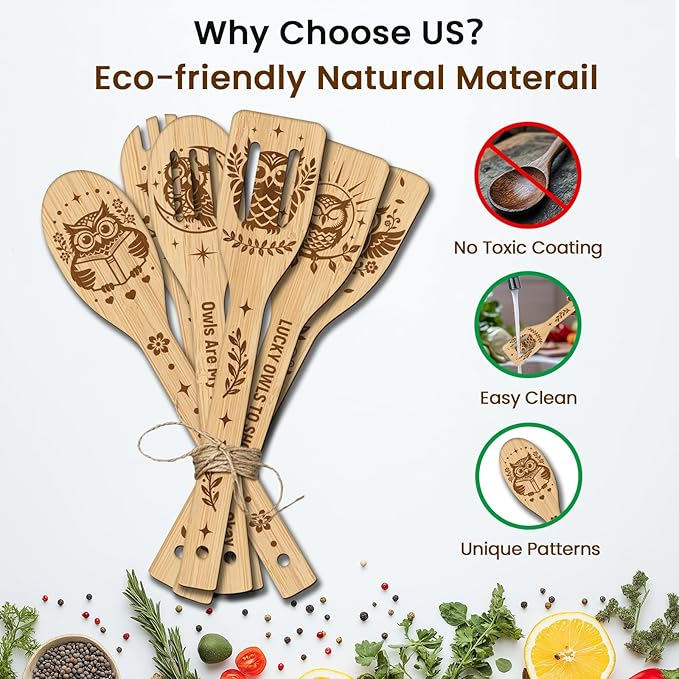 CUTHOLLOW 6PCS Owls Wooden Kitchen Cooking Utensil Set, 11.9in Non Toxic Bamboo - Image 3