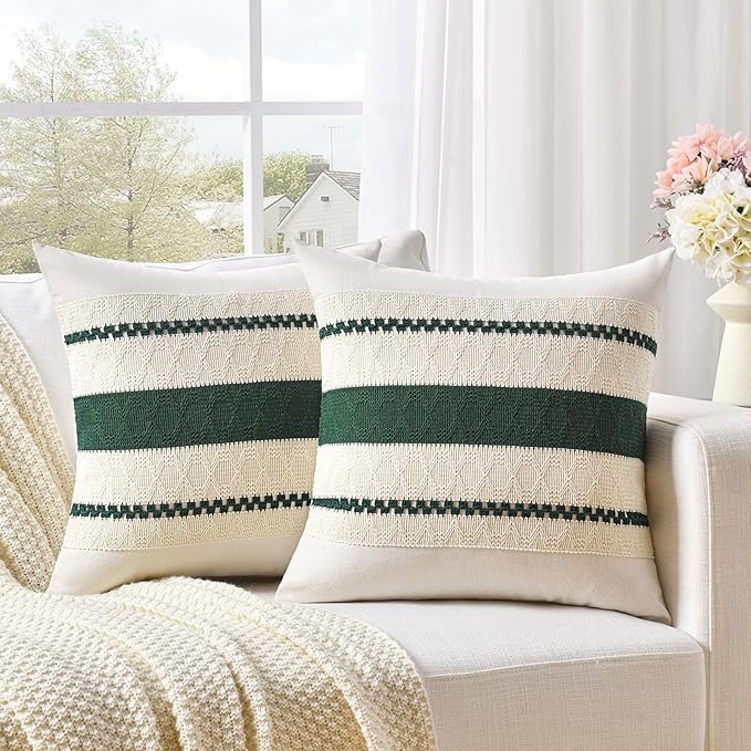 Fancy Homi Set of 1 Dark Green Boho Decorative Throw Pillow Covers 18x18 Inch - Image 2