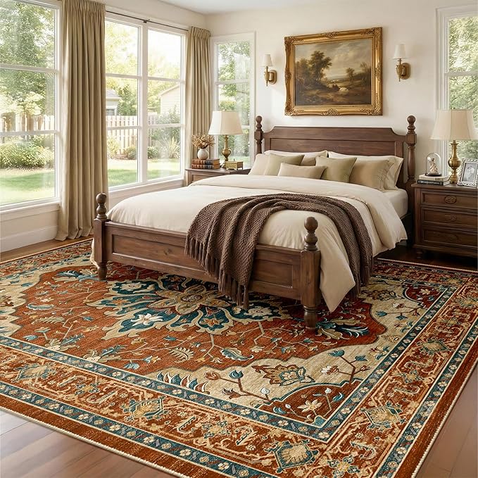 Area Rugs 8'x10' Washable Non-Slip, Floral Vintage Distress Print Pattern - Image 2