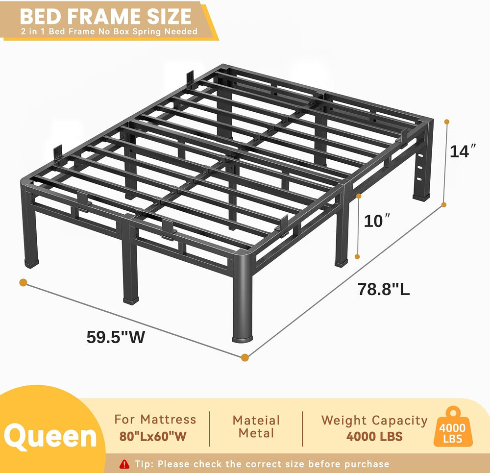 Queen Bed Frame Metal Platform,14 Inch Heavy Duty Double Layer Bedframe