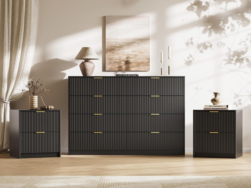 Black 3-Piece Bedroom Set, 8-Drawer Dresser & 2-Drawer Nightstands