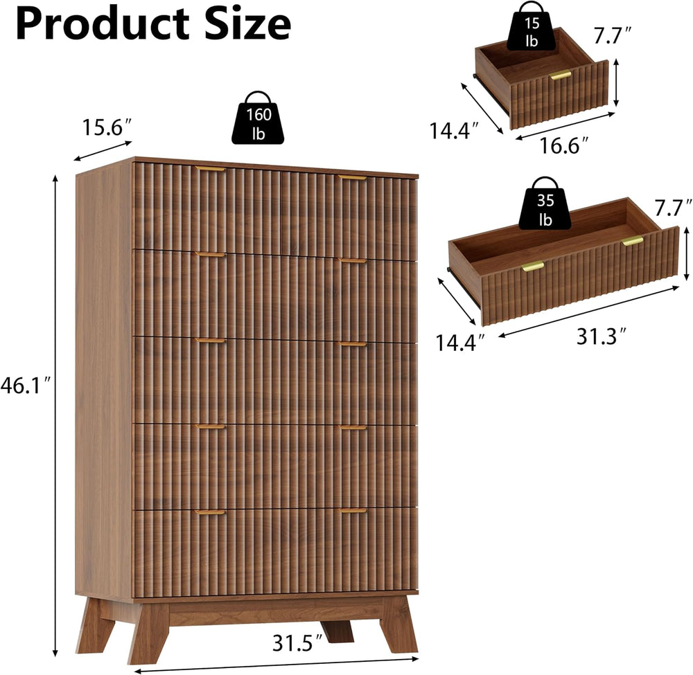 Tall 6 Drawer Dresser for Bedroom, 46" H Fluted Wooden Dresser Storage C...