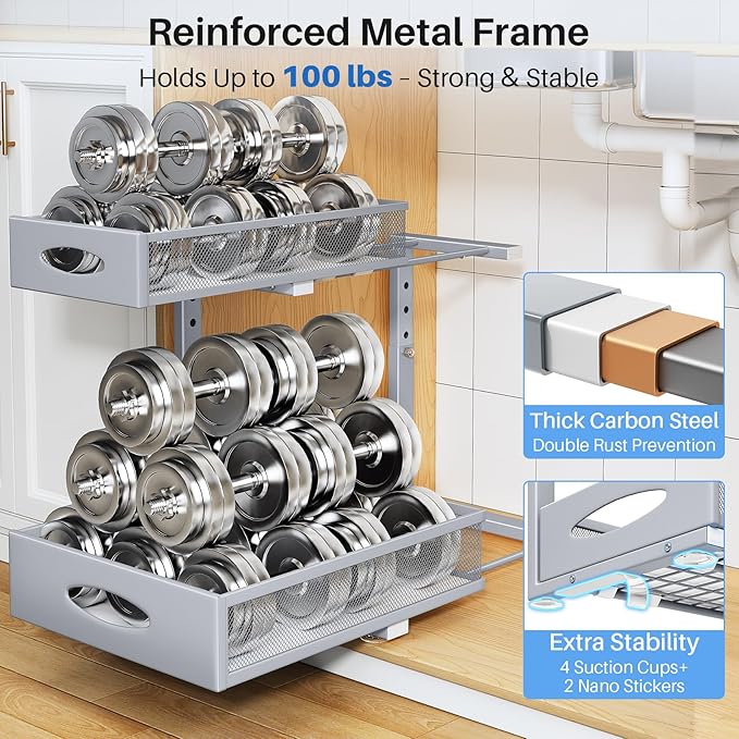 Under Sink Organizer, 2 Tier Pull Out Under Cabinet Organizer Shelf - Image 7