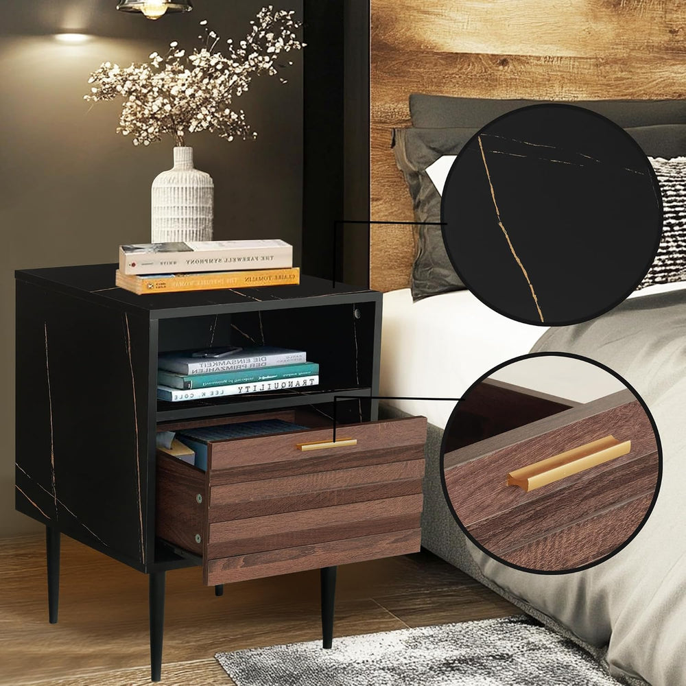 GIA Home Furniture Series Walnut Nightstands Set of 2, Faux Black Walnut Marb...