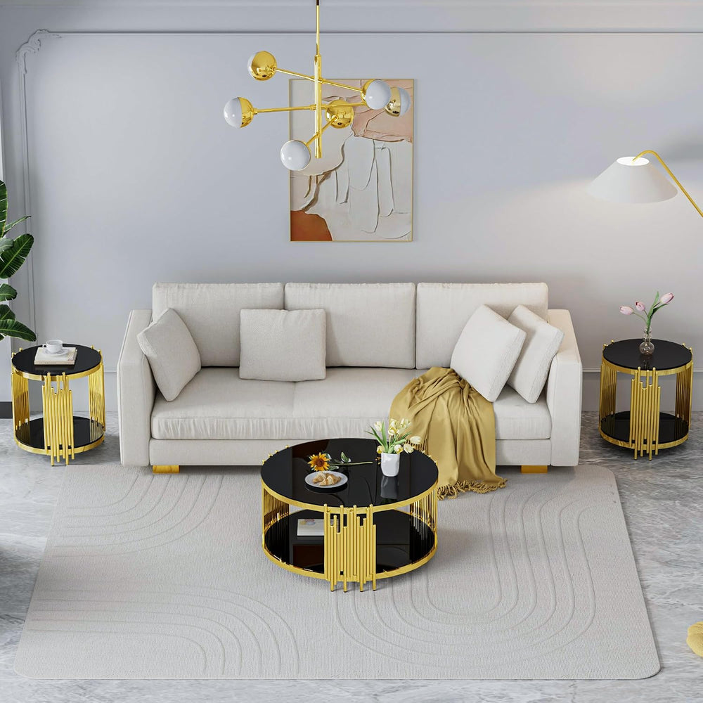 Luxury Gold Round Glass End Table, 19.7" Modern Side Table with Stainles...