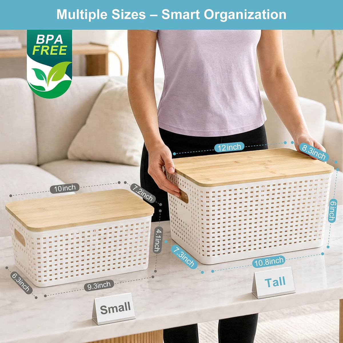 small plastic storage bins with bamboo lids 5.2qt shown in use