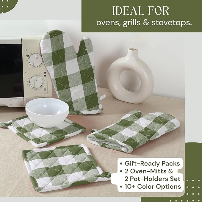 Buffalo Plaid Check Oven Mitts and Pot Holders Set, 100% Cotton, Heat Resistant - Image 2