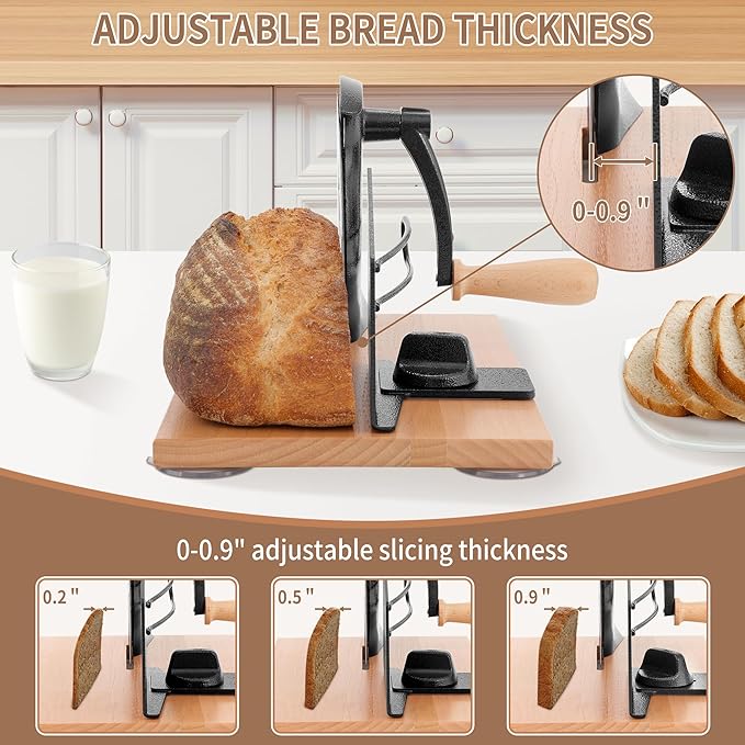 CAWIU Manual Bread Slicer with Hand Crank- Adjustable Thickness Bread Cutter