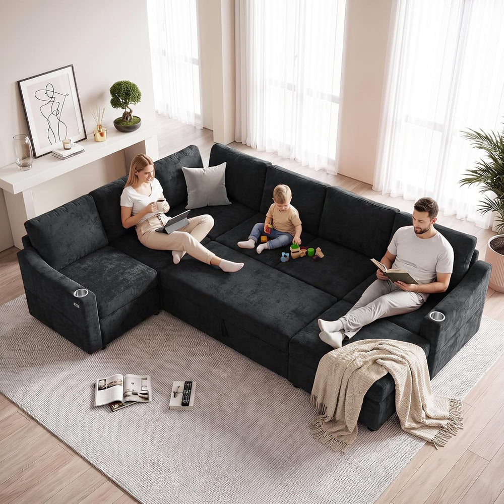 116" Chenille Modular Sofa Bed w/Adjustable Backrests, Black