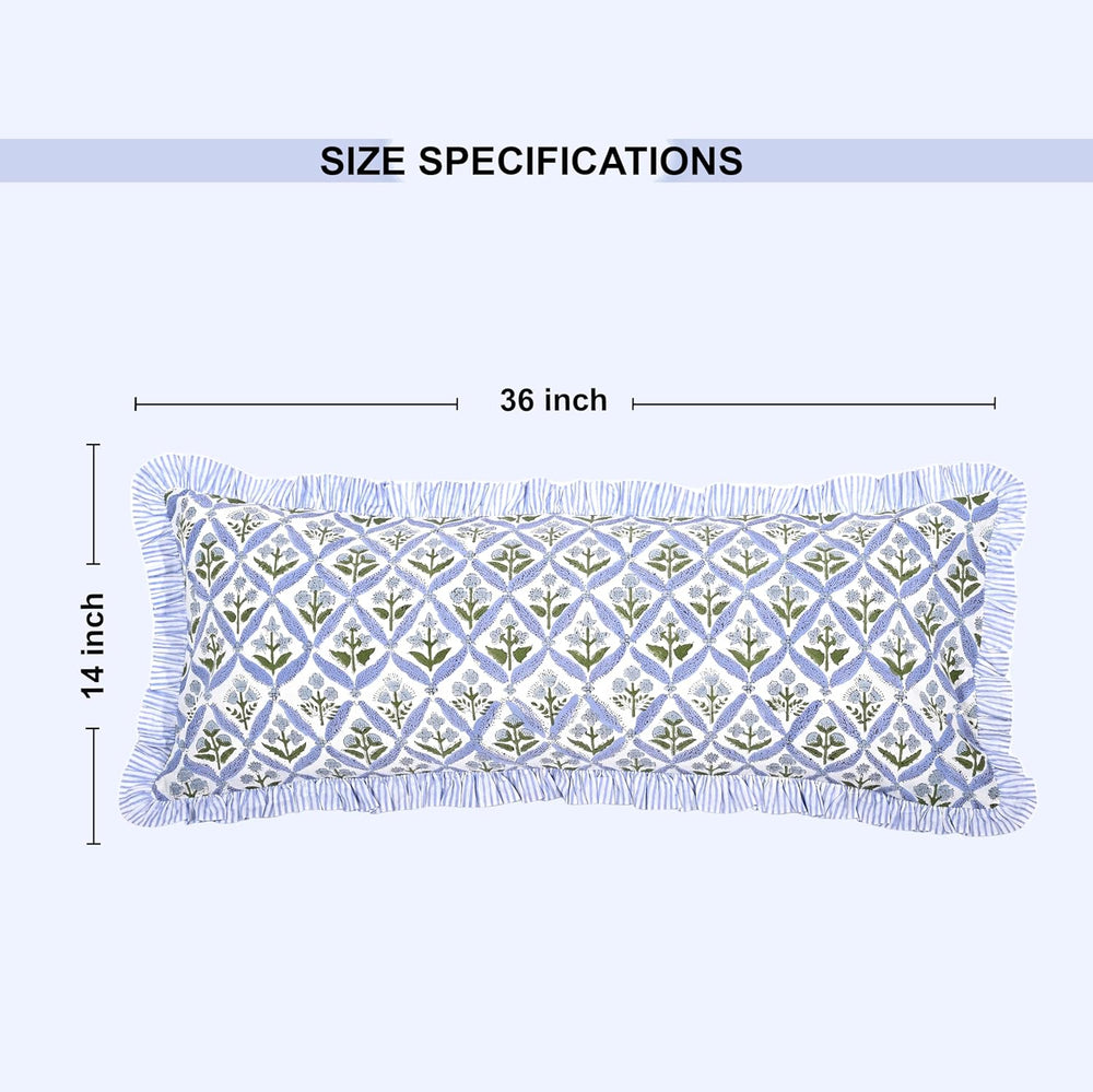 Ridhi Light Steel Blue Block Print Ruffle Pillow Sham 36x14 Inch Set of 1