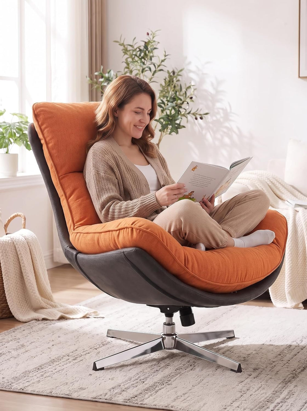 LukeAlon Linen Swivel Lounge Chair, Orange