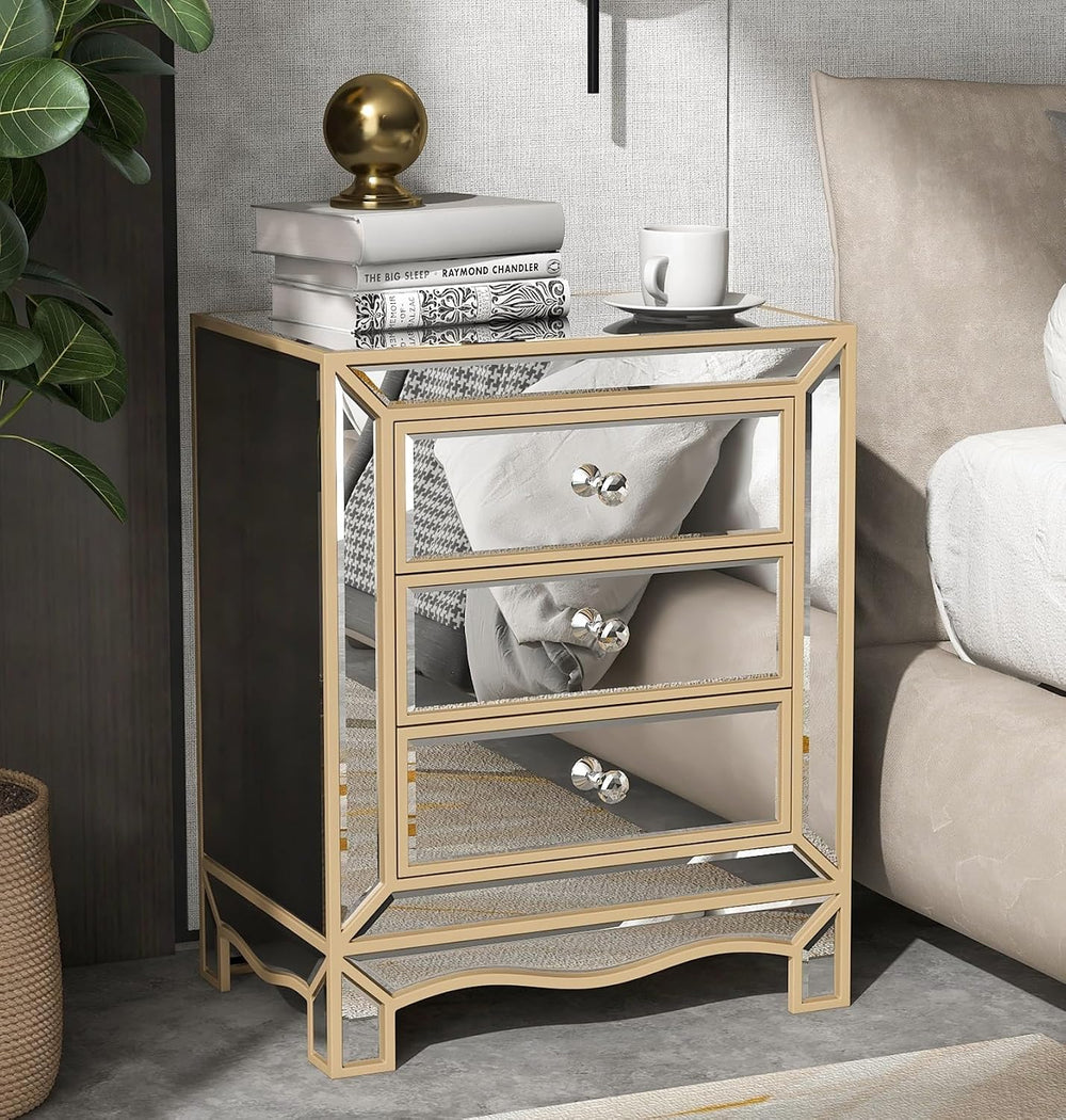 Elegant Mirrored Nightstand Gold Edge Silver End Table with 3 Drawers, Mirror...