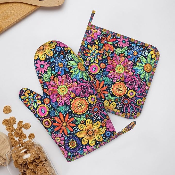Oven Mitts and Pot Holders Set, Colorful Flower Art Silicone Kitchen - Image 6