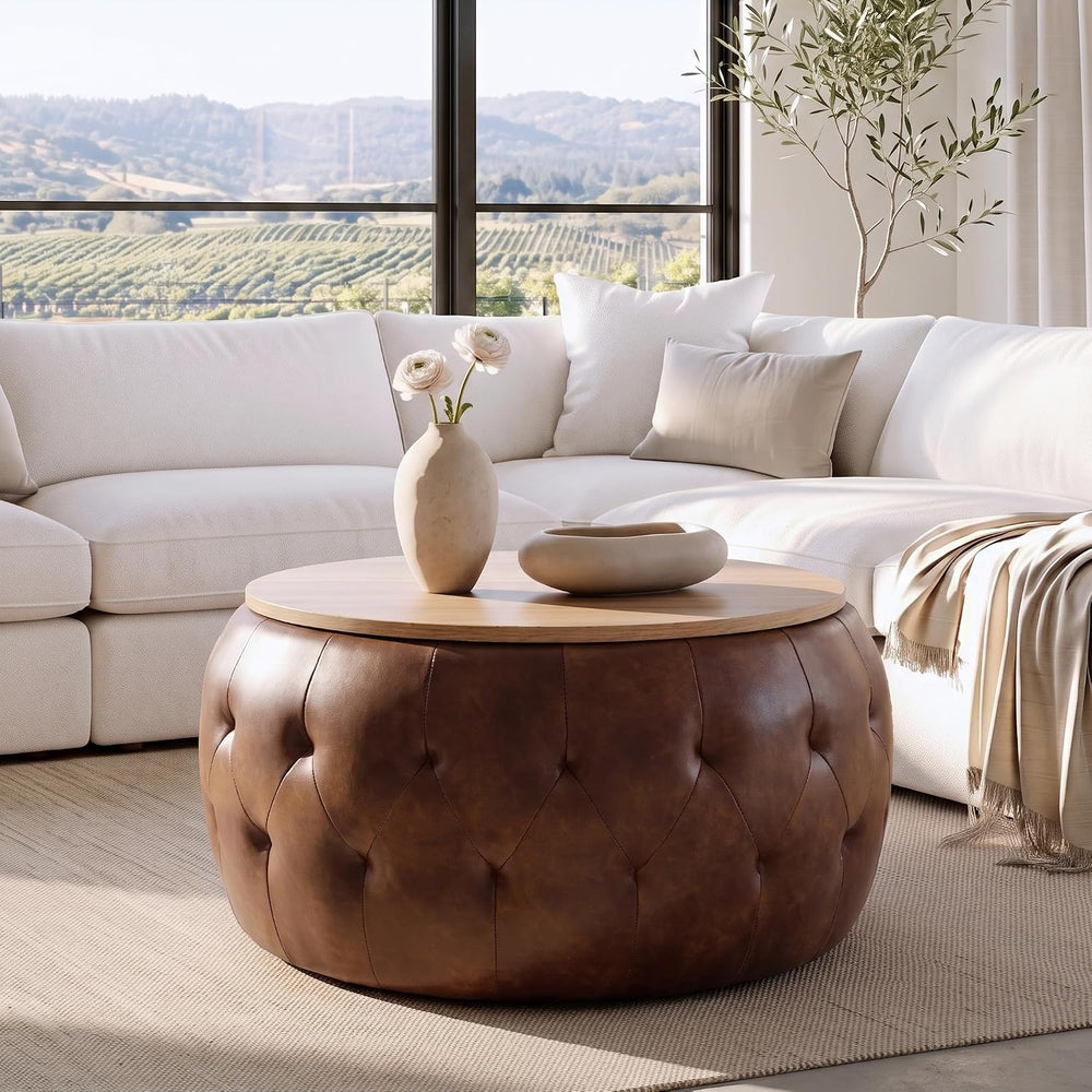 Round Ottoman with Storage, 25 Inches Wooden Top Coffee Table for Living Room...