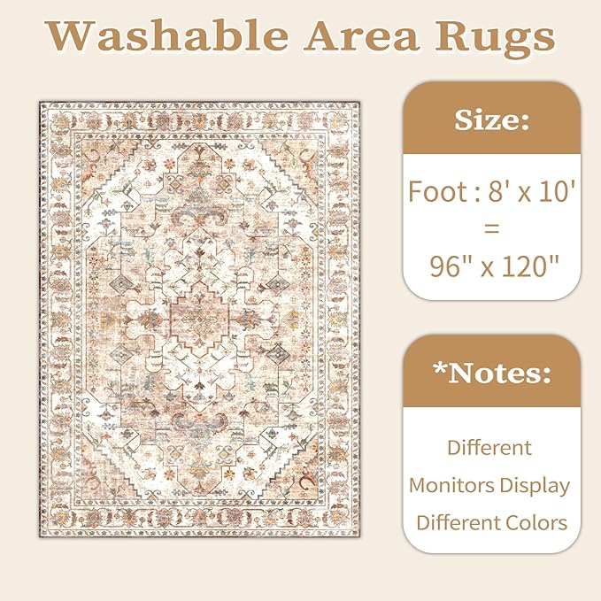 SERISSA Boho 8x10 Area Rugs Peach Cream, Washable Vintage Large Living Room Rug - Image 6