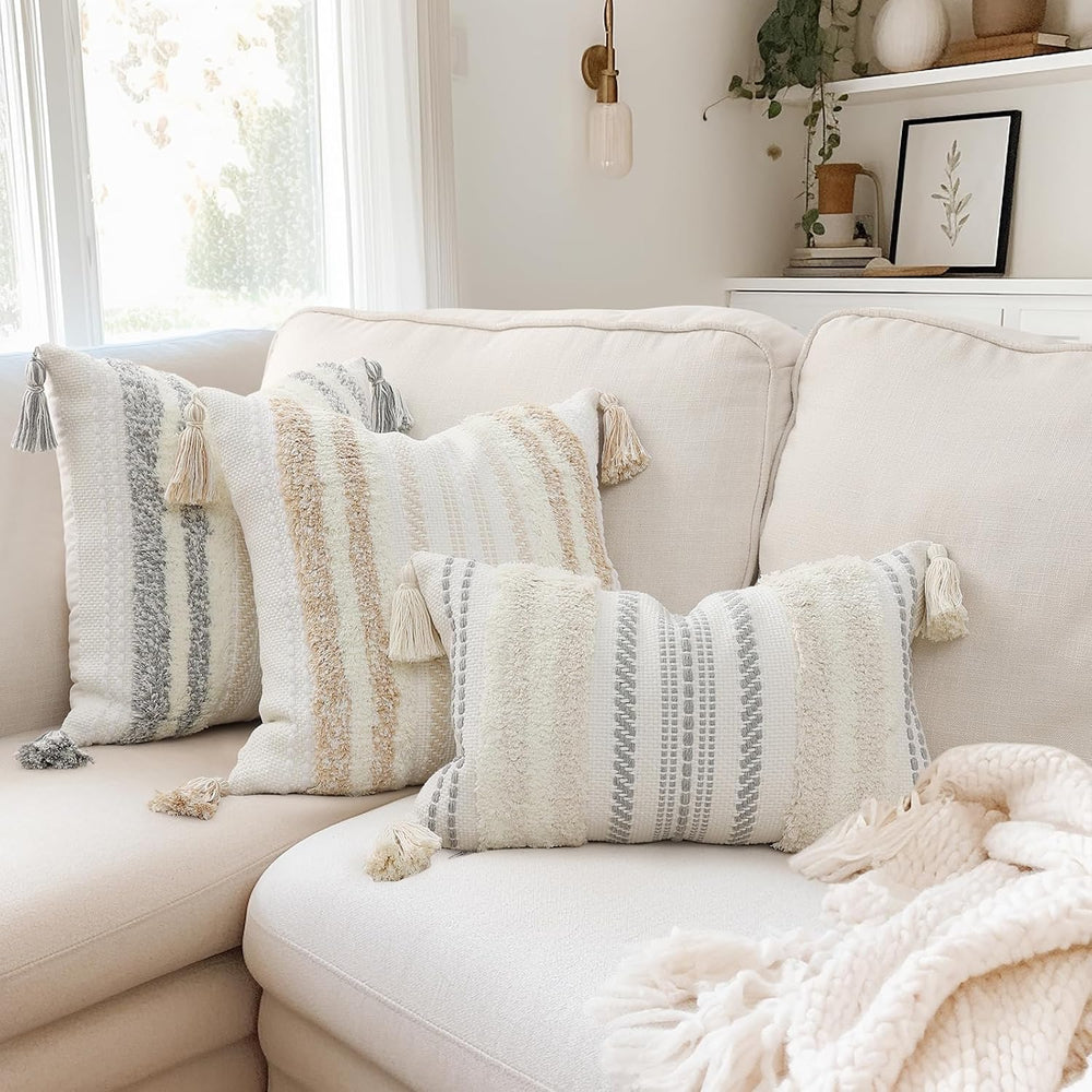 decorUhome Light Grey and Cream White Throw Pillow Covers 18x18 Set of 2