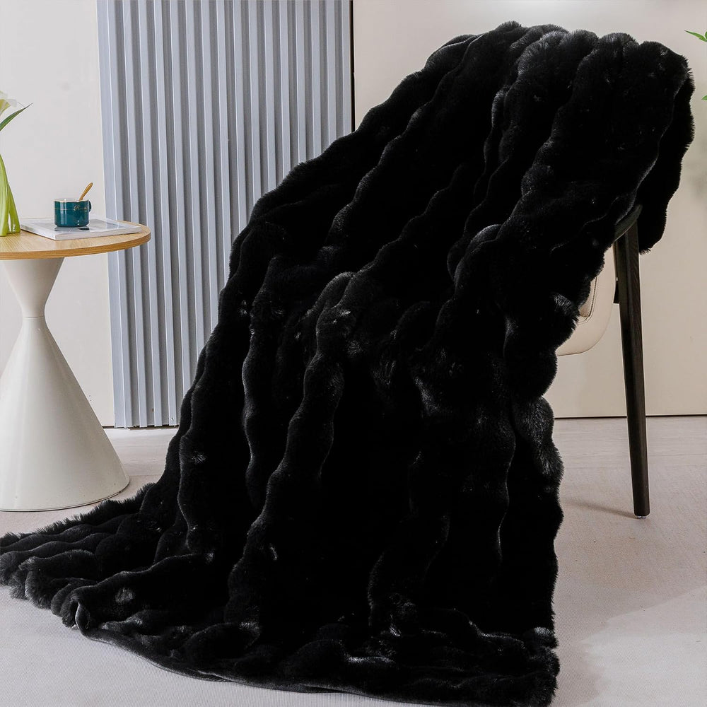 Fluffy Furry Black Faux Fur Throw Blanket for Couch Bed 50x60 Fuzzy Bubble So...