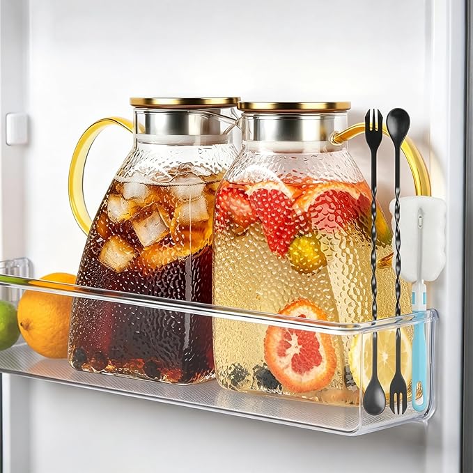 2 Pack Glass Pitcher with Lid and Handle, 1.8 Liter 60 oz Water Jugs by VZZNN