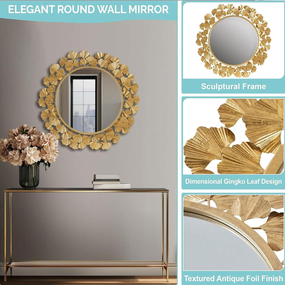 Martha Stewart Wall Décor Large Gingko Leaf Round Wall Mirror for Living Room...