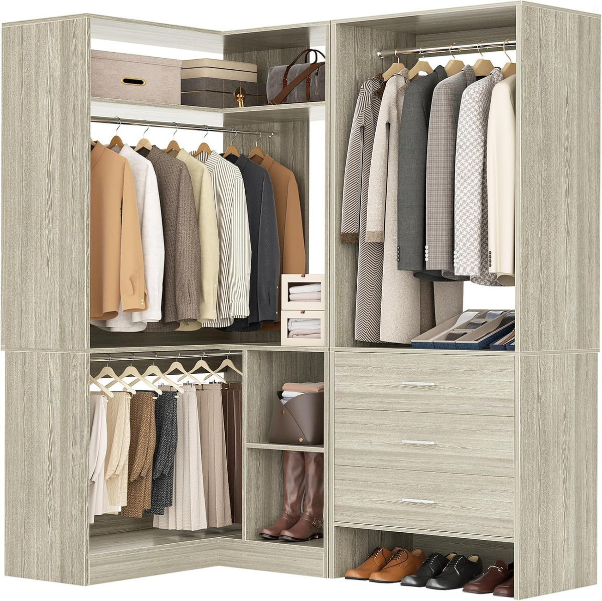 aheaplus closet system with 3 drawers, l-shaped closet,set, main product view